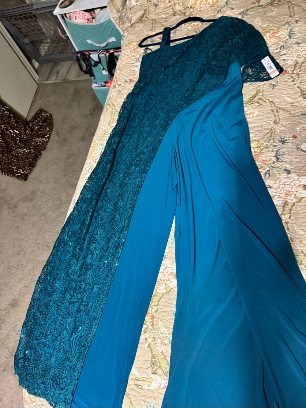 R&M Richards Teal Lace One-Shoulder Jumpsuit